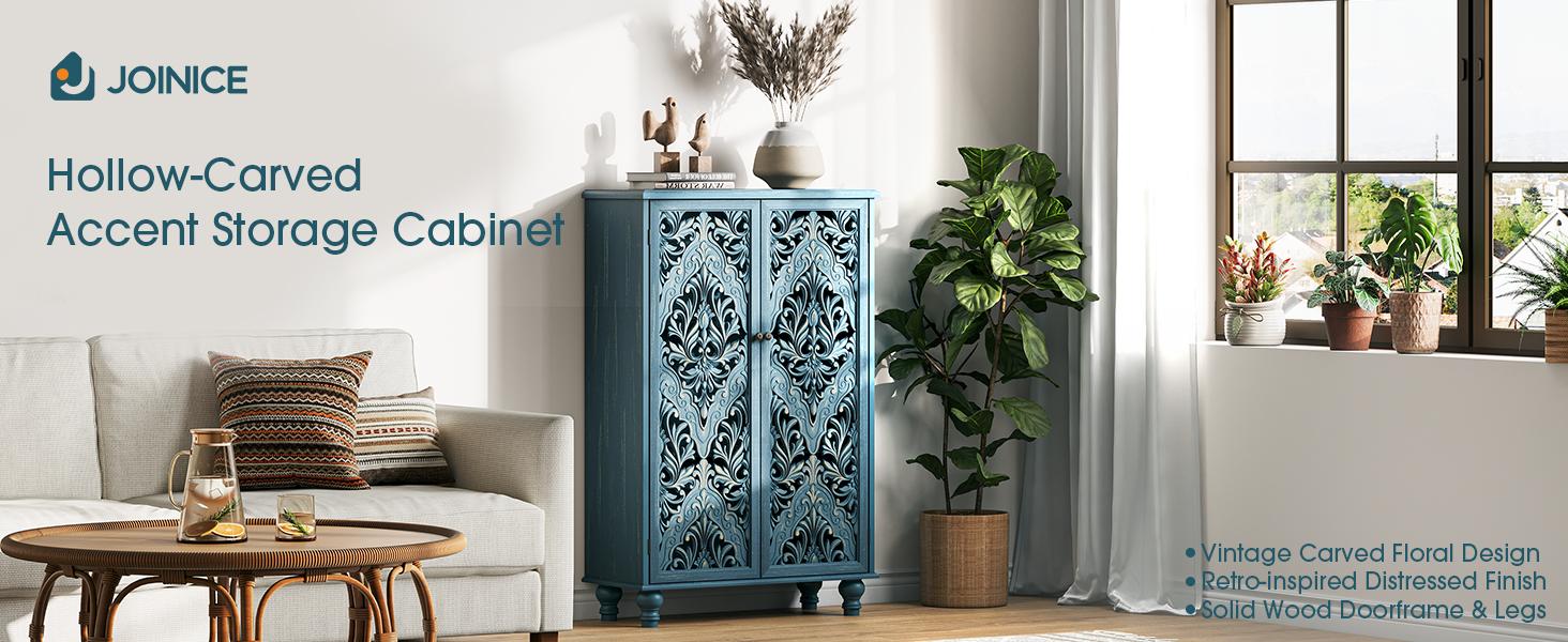 47" Boho Farmhouse Accent Cabinet Navy Blue Mandala Carved Doors Solid Wood Legs 100lbs Storage Sideboard for Entryway Living Room Coffee Bar
