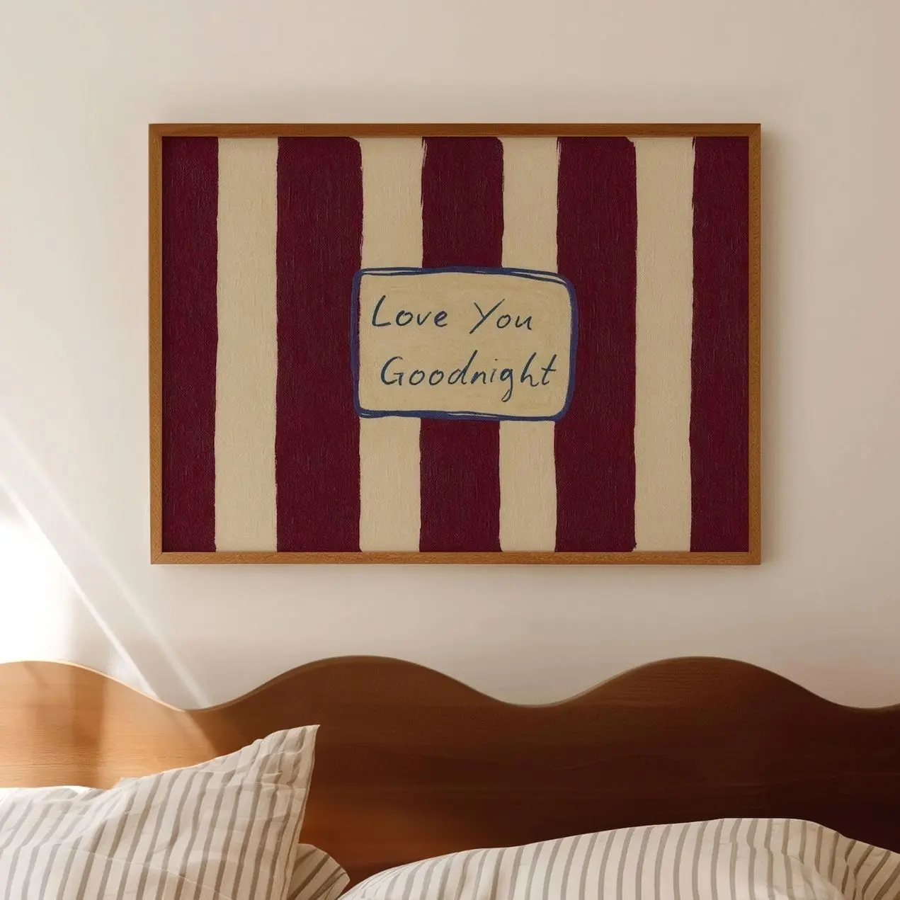 Love You Goodnight Bed Print, Horizontal Above Bed Wall Art, Retro Striped Stay in Bed Typography, Handwritten Mid Century Bedroom Poster Z