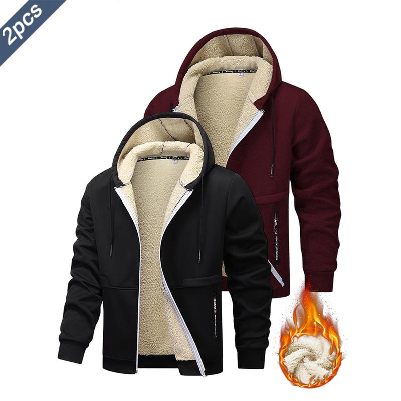 2PCS - Autumn And Winter Men's Simple Solid Color Hoodie, Drawstring Hooded Cardigan Coat, Men's Winter Clothing, Autumn And Winter Sports Outdoor Wear