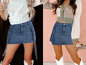 Vogatiques Womens Denim Mini Skirts Summer Trendy Going Out Beach Outfits Comfort Low Waist Cargo Denim with Pockets DSKIRT231122 Womenswear Bottom