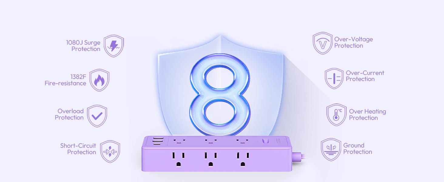 NTONPOWER Flat Extension Cord 5 ft/10 ft/15 ft/25 ft with 9 Outlets & 3 USB Ports Surge Protector Power Strip for Home Office Black/White/Pink/Purple NTONPOWER Flat Extension Cord 5 ft/10 ft/15 ft/25 ft with 9 Outlets & 3 USB Ports Surge Protector Power Strip for Home Office Black/White/Pink/Purple