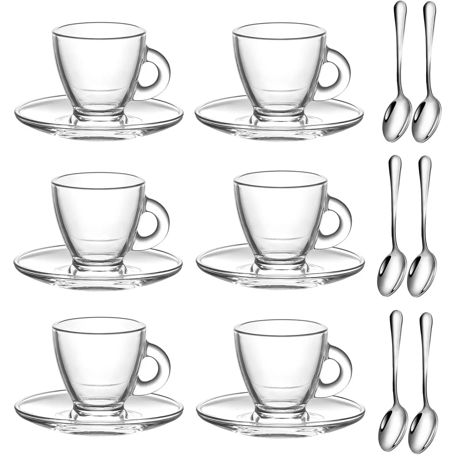 Espresso Cups with Saucers and Spoons Set of 6, Glass Demitasse Cups for Cappuccino Latte Cafe Mocha  and More Beverage, 3.2OZ/95ML, Clear