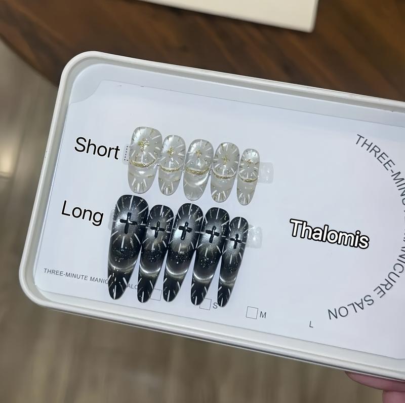 Thalomis° 100% Handmade Mystery Nail Set — Solid Design with Sticky Tabs, Nail File & Cuticle Stick, Natural Plant-Based Adhesive, Safe & Harmless Press-On Nails