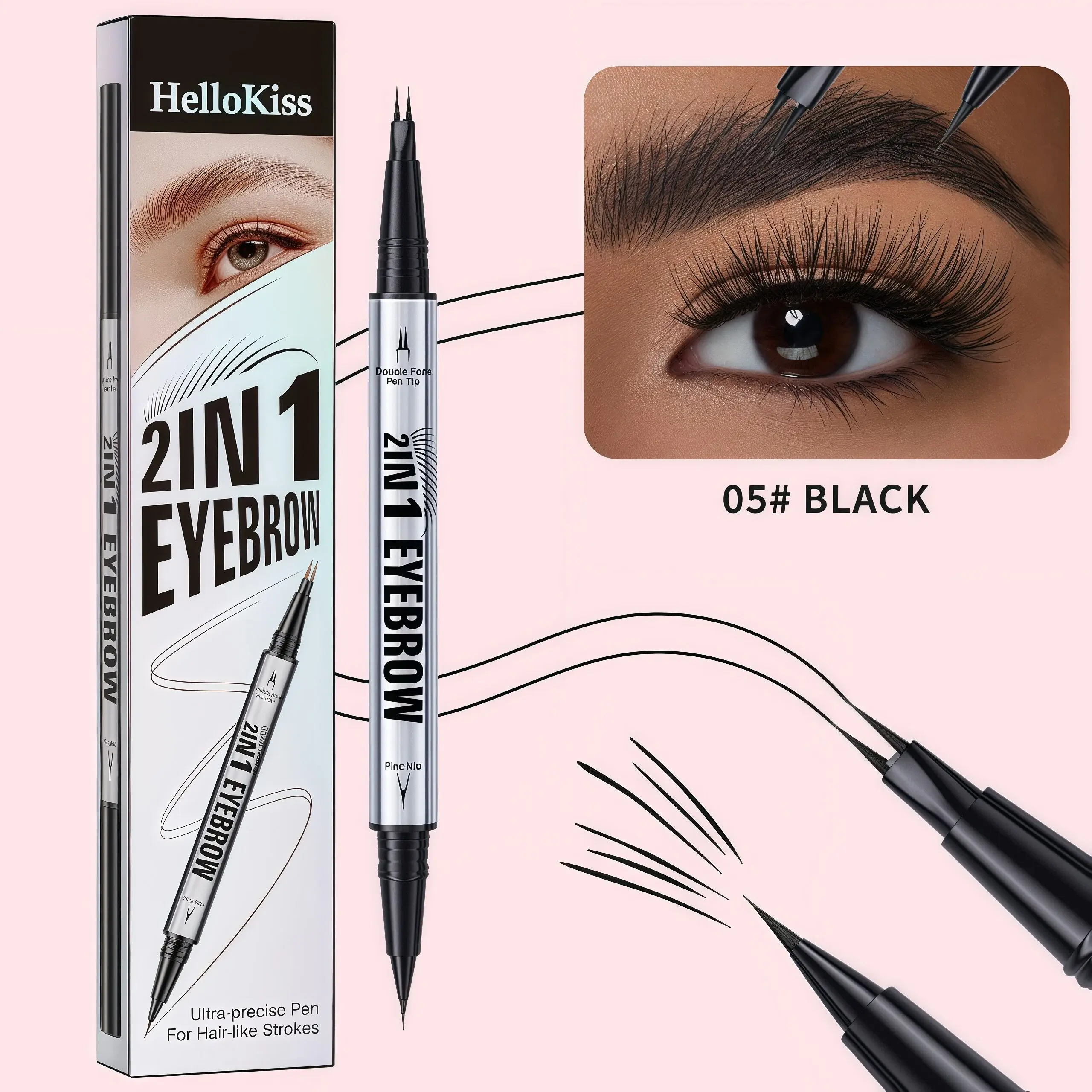 Dual Tip 2-IN-1 Microblading Eyebrow Pen, 2-Prong Fork Liquid Brow Pen, Waterproof, Smudge-Proof & Oil Resistant, Creates Natural Hair-Like Brows. Dual-End Precision Fine Nib for Defined All-Day Brows, Ideal for Beginners & Daily Makeup, BLACK Shade
