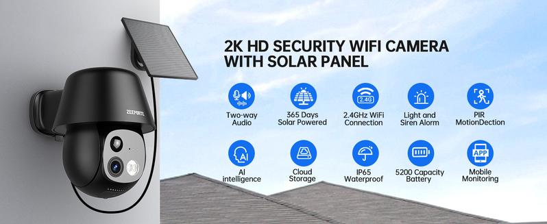 ZEEPORTE 2K WIFI  Security Cameras Wireless Outdoor-360° PTZ Cameras for Home Security with Solar Panel/Battery Powered, Night Vision, Two-Way Audio, PIR Sensor