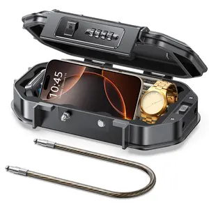 Vewaci Portable Travel Safe Lock Box Waterproof & Durable, 4-Digit Combination Anti-Theft Personal Beach Safe with Removable Steel Cable, Small Security Case Lock Box for Beach/Travel/Hotel/Dorm