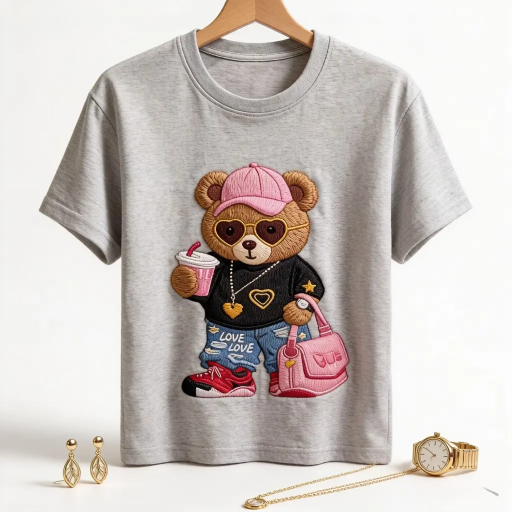 Women's 100% Cotton Cropped T-Shirt with Teddy Bear Print, Casual Loose-Fit Short Sleeve Crew Neck Summer Top, Shortsleeve, Baggy, Tshirt, Soft Cotton, Essential, Fabric