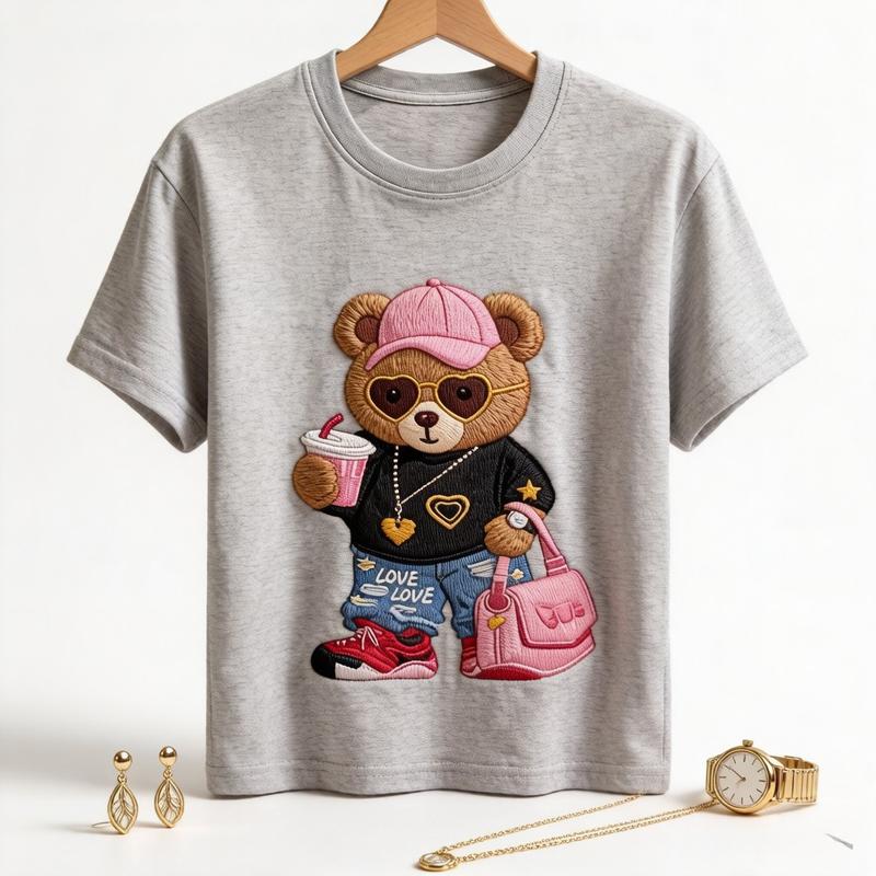 Lady's 100% Soft Cotton Casual Cropped Loose-Fit Crew Neck Short Sleeve T-Shirt - Comfortable Boho Fabric Garment for Office, Weekend Plans, Summer Essential Top