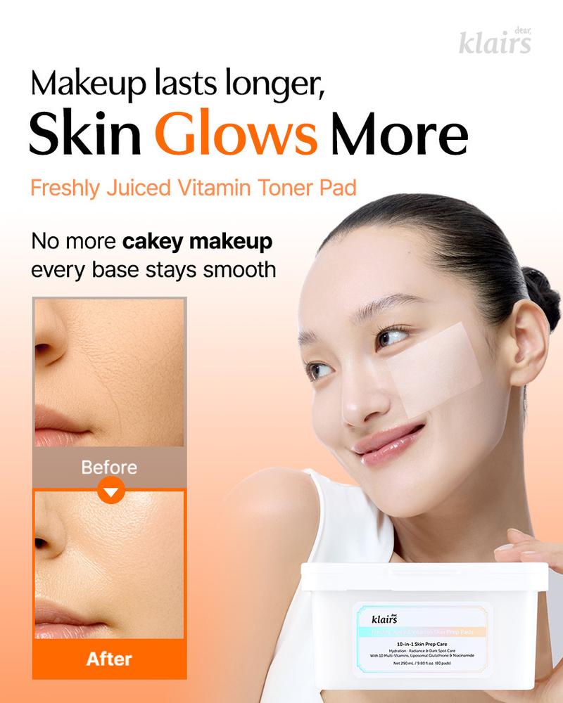DearKlairs Freshly Juiced Vitamin Skin Makeup Prep Toner Pads, Liposomal Glutathione, Easy-Split, Glow, Glass Skin, Exfoliation, 80 Pads Facial Wipes Cosmetic