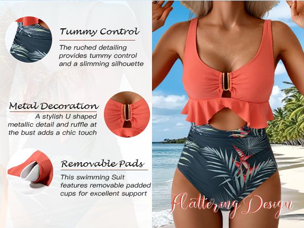 B2prity Womens One Piece Swimsuit Tummy Control Ruffled Bathing Suit V Neck Cutout Swim Suit Tie Back Swimwear