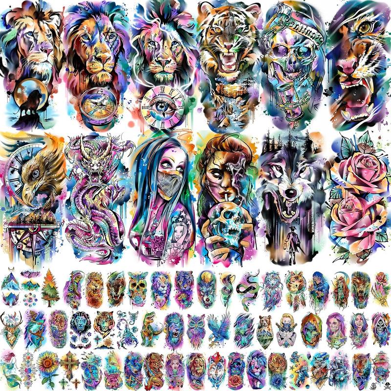 65/66 Sheets Watercolor Temporary Tattoos For Men Women Forearm Shoulder Legs Body Arm, 12 Sheets Long Lasting Lion Tiger Wolf Dragon Ealge Fake Tattoo Sleeve Adults, 53/54 Sheets Small Tatoos Kids