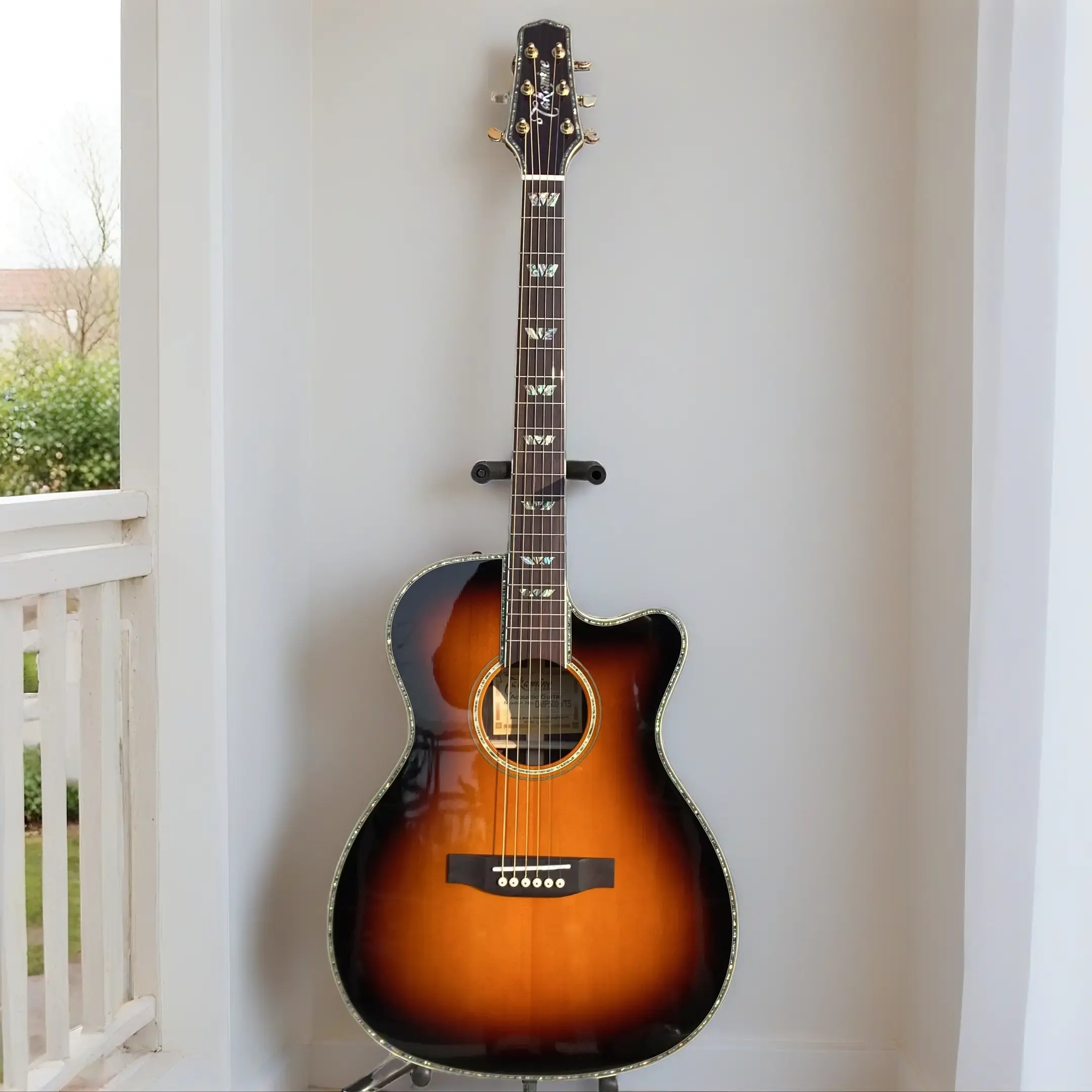 Acoustic Guitar with Vintage Sunset Burst Finish, Butterfly Abalone Inlay Fingerboard for Musical Instrument Enthusiasts