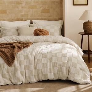 【Deals For You Days】Bedsure Checkered Farmhouse Shabby Chic Comforter Set ,Boho Tufted Bed Set, King Size Bedding, 3 Pieces, 1 Plaid Geometric Comforter and 2 Pillow Shams,Jacquard Design Soft Breathable Lightweight All-Season Filling OEKO-TEX Certified