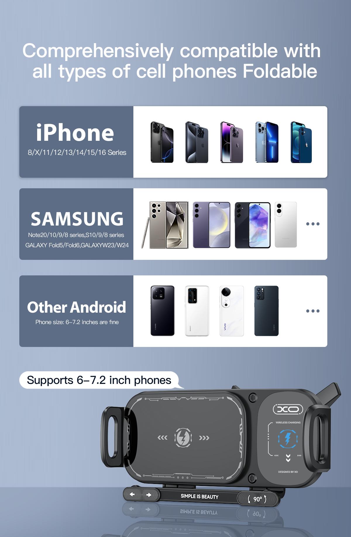 Wireless Charging Car Phone Mount for Foldable & Regular Phones - 15W Fast Charge, 90° Rotation, Air Vent Hook Clip, One-Touch Release (Fits iPhone/Samsung/Google)