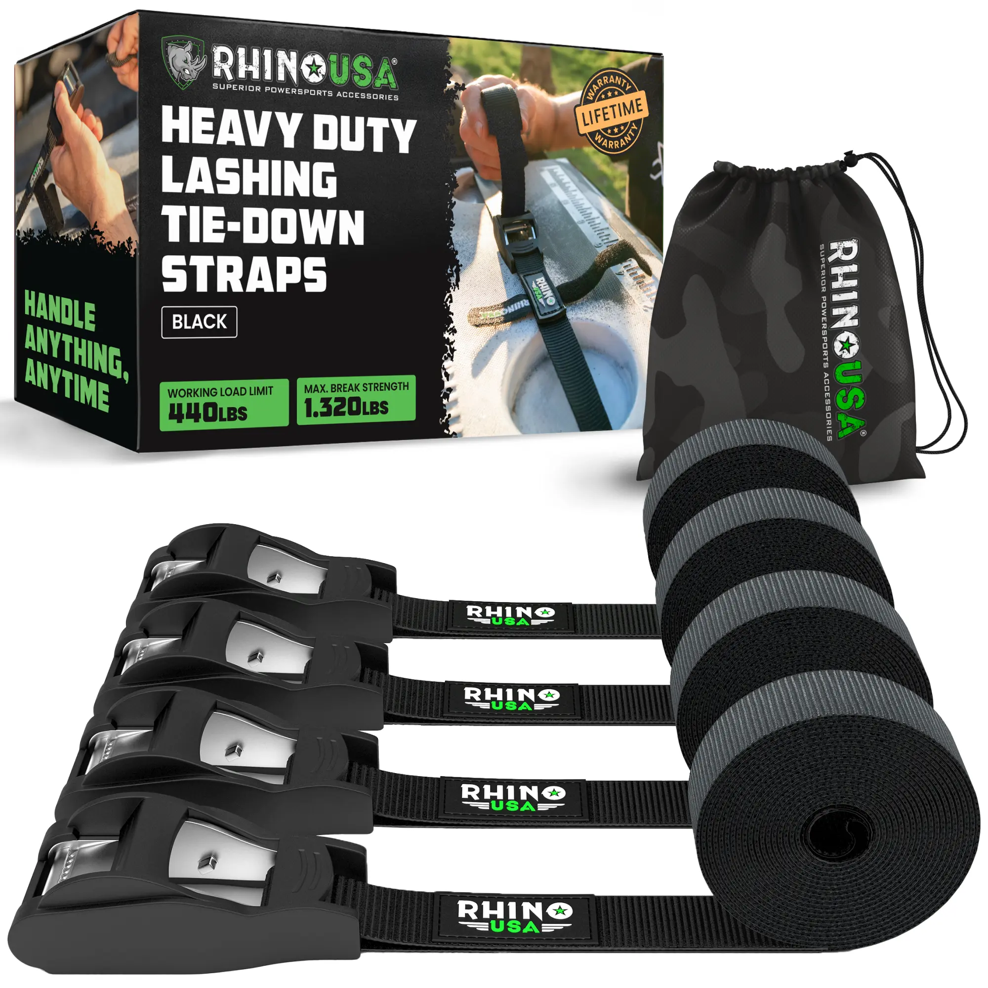 Rhino USA Lashing Straps Cargo Tie Downs (4PK) - 1,320lb lab Inspected Max Break Strength, Includes (4) Heavy Duty 1in x 12ft Cam Buckle Pull Straps