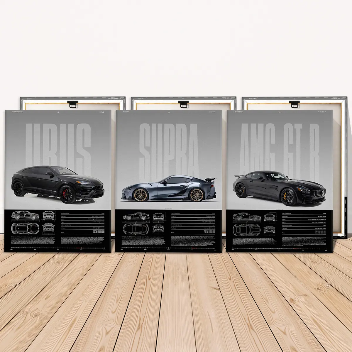 3 Counts Wooden Framed Canvas, Cool Sports Car Poster, Car Enthusiast Pattern, Exquisite Fashion Poster, Perfect Living Room Decoration, Modern Art, Family Poster, Wall Art Decoration, Ideal Gift, Waterproof, Artwork, Modern Home Decor