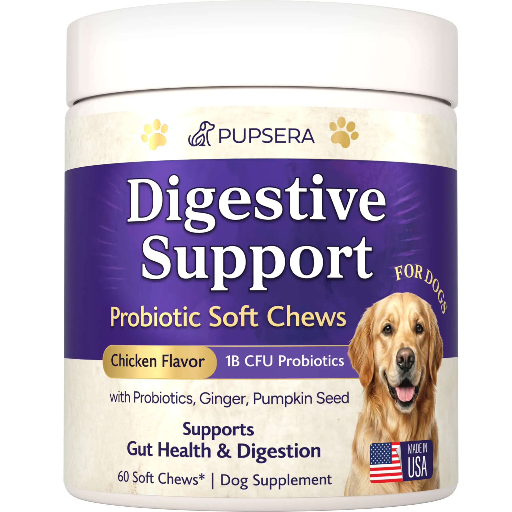 PUPSERA Digestive Support Soft Chews for Dogs – Probiotics with Ginger & Pumpkin Seed – Chicken Flavor – 1B CFU – 60 Chews
