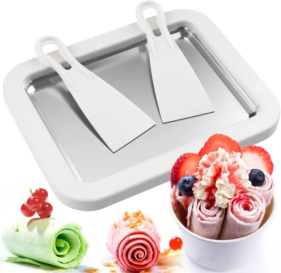YEEWHALE 2-in-1 Compact Portable Rolled Ice Cream Maker - Kitchen Tools and Gadgets Kit with 2 Scrapers, Smooth Cold Plate, Mini Tray, Board - Cool Gadgets for Kid DIY Treats, Quick Wipe Clean