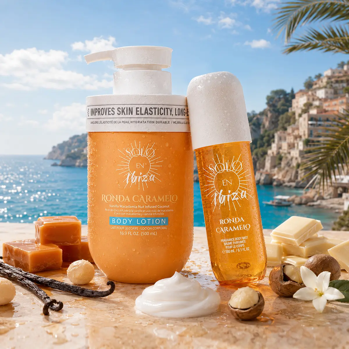 SOLO EN IBIZA Ronda Caramelo Chocolate Scented Smoothing Body Care Set - 6.1 fl oz (180ml) Fragrance Mist, 16.9 fl oz (500ml) Vanilla Body Milk Lotion, Warm Gourmand Aroma, Cozy Sweet Energy Mist + Lotion Duo Set, Coconut