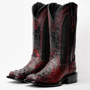 Black Cherry Caiman Neck Leather Boots - Square Toe
