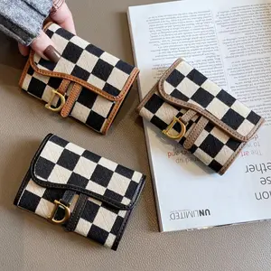 Zaleeta Checkerboard Pattern D Letter Design Card Holder Elegant Short Wallet for Women & Girls Trendy All-match Exquisite Card Holder for Birthday & Mother's Day Gift Purse Compact Organizer with RFID Blocking Technology