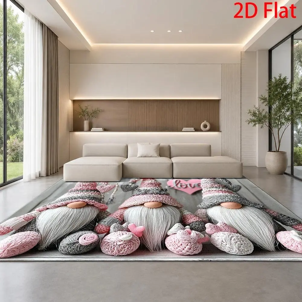 Large Crochet Gnome Single Rug - Pink Gray Striped 2D Flat Low-Pile Oval Polyester Blend, Machine Washable Soft, Multi-Size Jumbo Options, Modern Nordic Living Room Decor, Entryway Porch Christmas Santa Deer Themed Textile