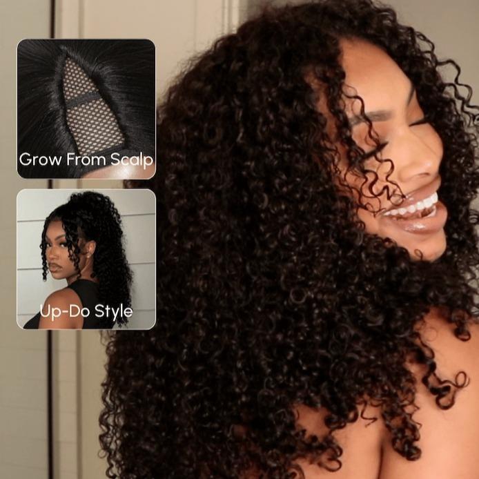 UNice EasiContour V Part Jerry Curly Wig Glueless Blend Natural Human Hair Wigs Beginner Friendly Natural Scalp Daily Using for Women