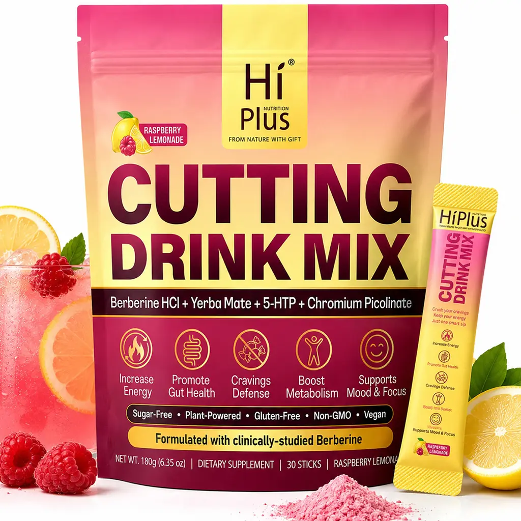 HiPlus Cutting Drink Mix – with Magnesium, Berberine, Chromium, Vitamin D3, 5-HTP & FOS | Sugar-Free, Vegan, Non-GMO, Gluten-Free, Raspberry Lemonade - 30 Servings
