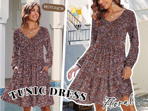 Women‘s Casual Tunic Dress V Neck Tiered Dress Long Sleeve Fit Swing Shift Dress with Pockets Loose Ruffled Dresses