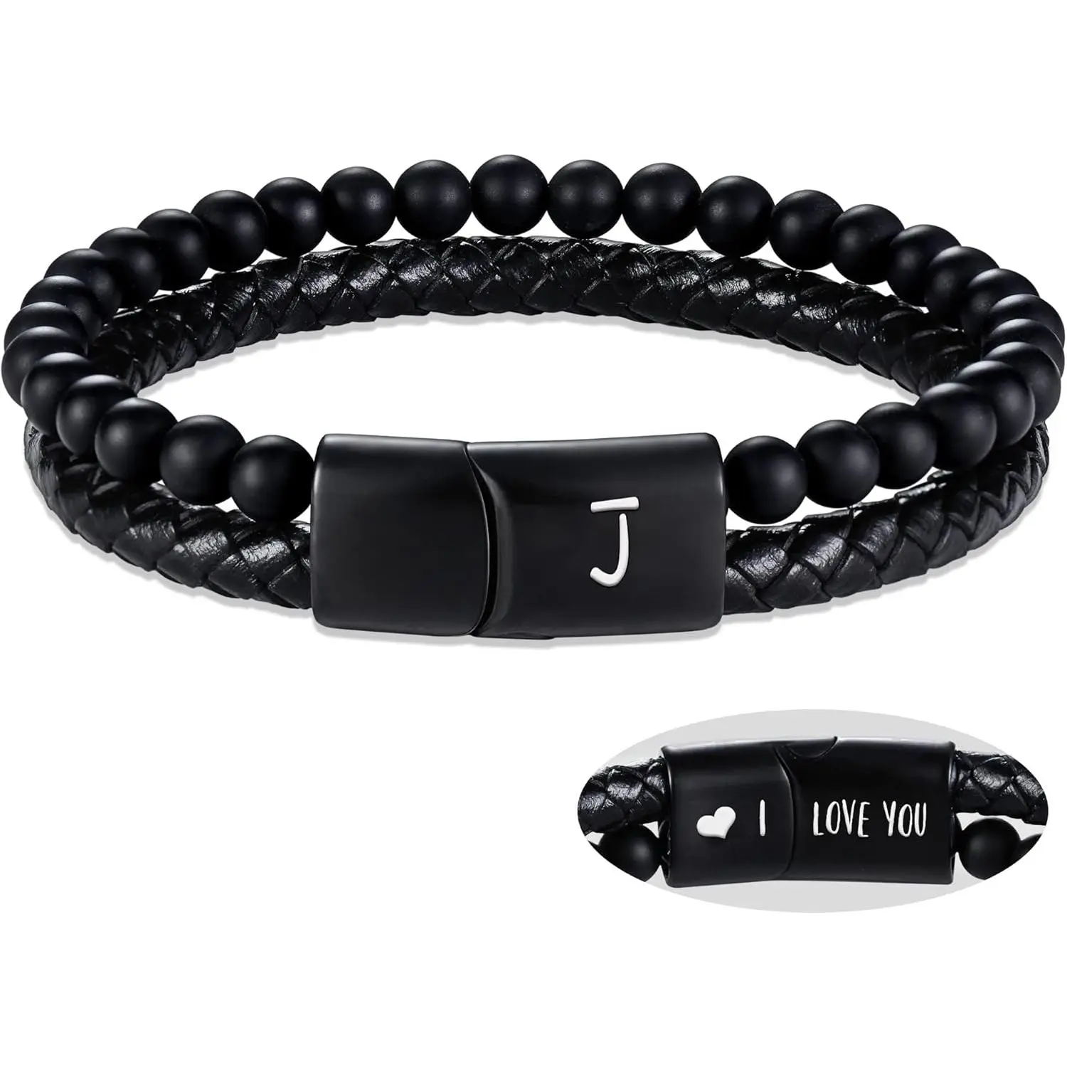 Father's Day Gifts for Dad Husband Leather Bracelet for Men Letter A-Z Beaded Bracelets I Love You Gifts for Him Boyfriend Initial Bracelet Anniversary Birthday Gifts for Son Husband Christmas Graduation Jewelry