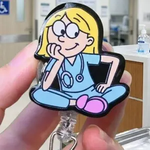 Nurse Girl Badge Reel, Cute RN LPN CNA ID Holder, Retractable Healthcare Worker Badge Clip, Medical Staff Gift Accessory