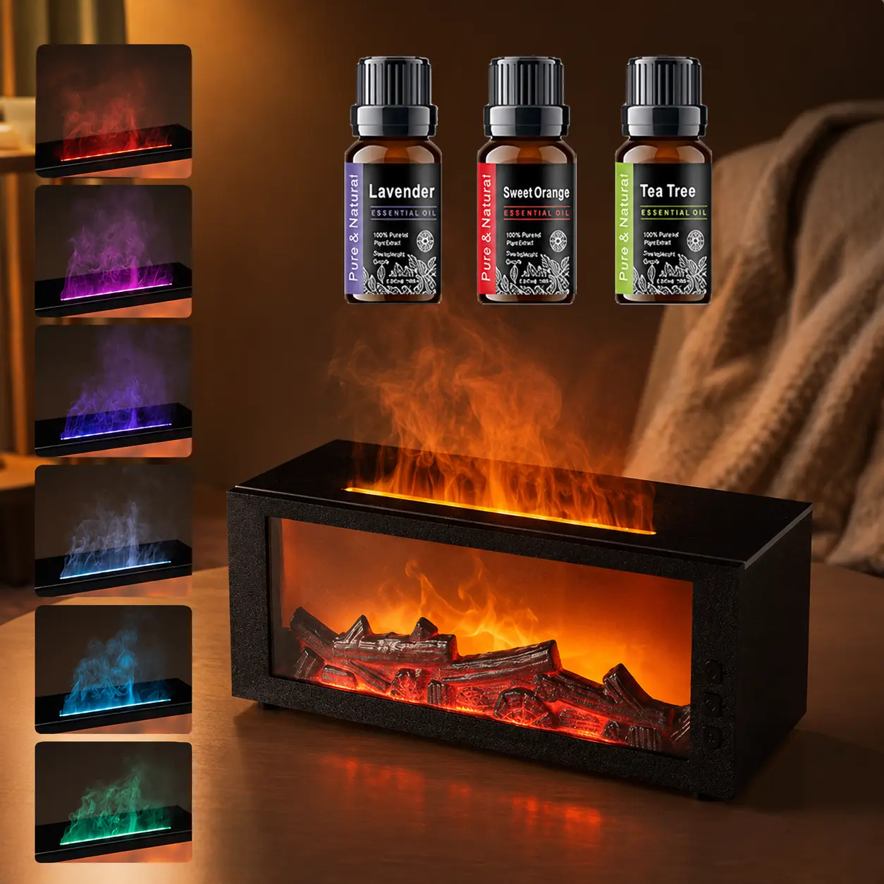 Bourbon Aroma Diffuser Humidifier - Compact USB Powered Fragrance Aroma Humidifier with Simulated Electric Fireplace, Atmosphere Light, Auto-Off Timer, Aromatherapy Function for Home Office Desktop Decoration