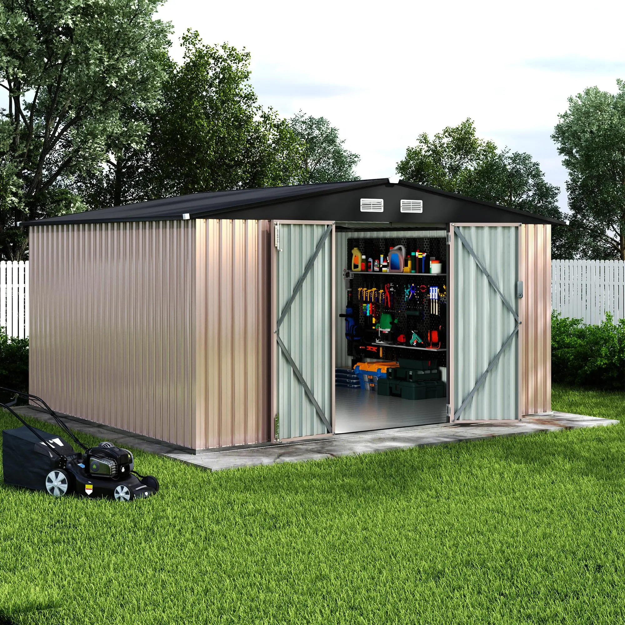 Gaomon 10x12ft Heavy Duty Steel Garden Shed - Waterproof, Rainproof, Sunproof Metal Roof, Lockable Door, Air Vent, Overall Stability, for Outdoor Patio & Backyard Setup