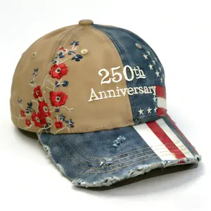 GYNLEUX 250th Anniversary Denim Baseball Cap with Plum Blossom & Letter Embroidery Vintage Washed Unisex Hat for Daily Casual & Outdoor Wear