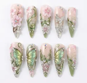 Spring Green Butterfly Press On Nails | 3D Swirl Long Stiletto Nails | Handmade Floral Fake Nails | Luxury Aesthetic Gift for Her