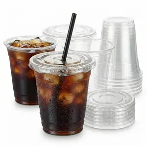 clear iced coffee cups 100 sets 10oz 280ml Leak-Proof Plastic cups with lids straws for Ice Coffee Drinks Juice and Beverages customizable logo print clear plastic