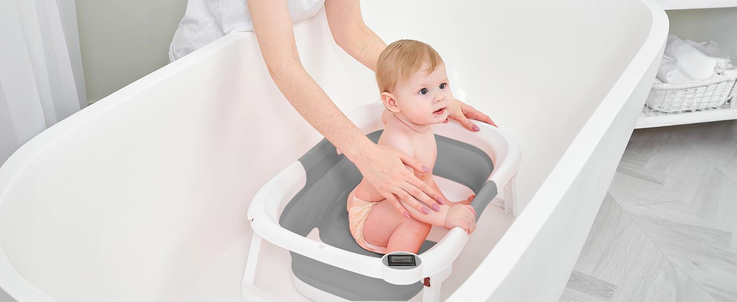 Collapsible Baby Bathtub | Real-Time Temp Monitor, Floating Cushion, Foldable, Drainage, Elephant Design – For Newborns & Toddlers