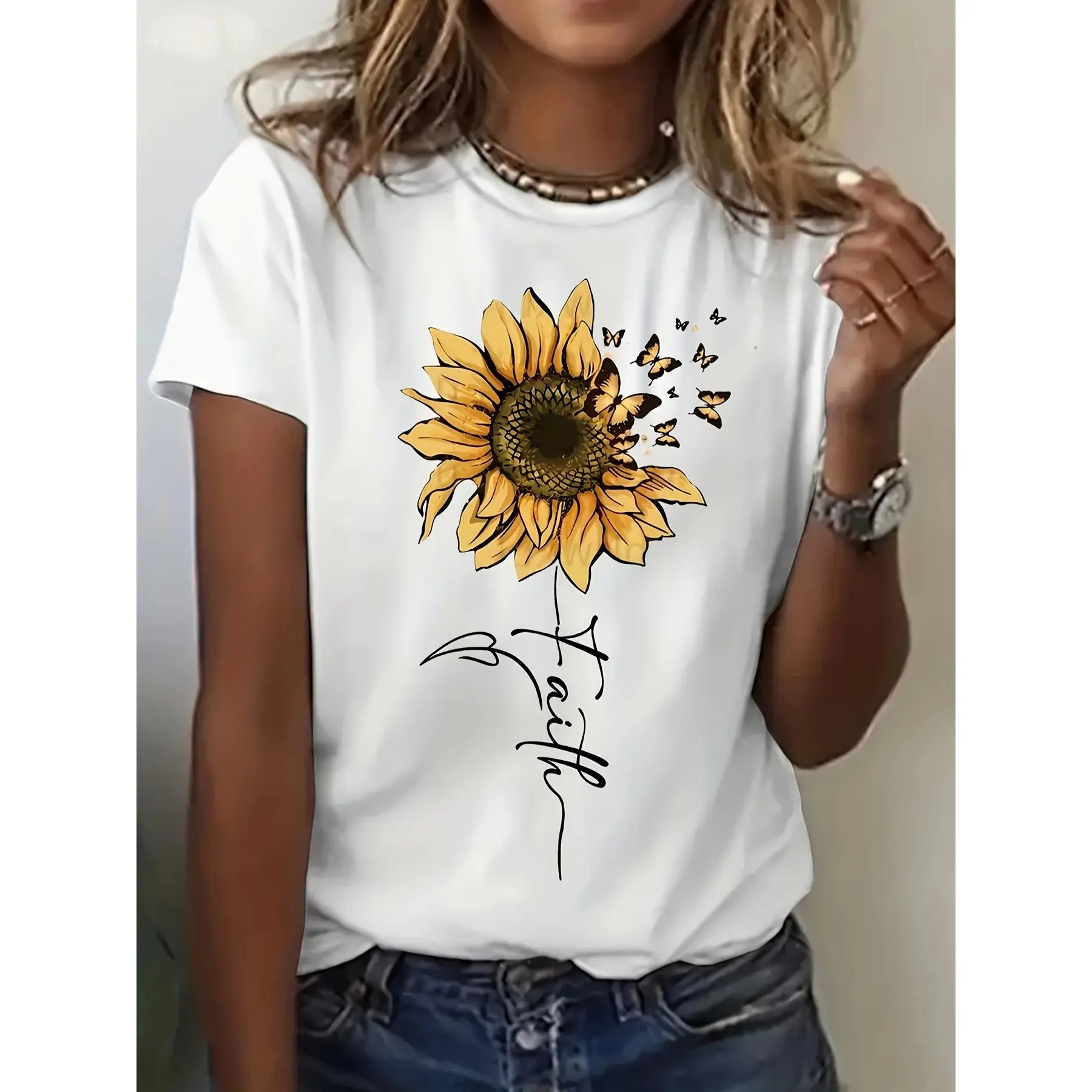 Women's Sunflower and Butterfly Graphic T-Shirt -  Casual Gray Short Sleeve Top, Perfect for Spring & Summer Fashion, Printed Love Design Womenswear Tshirt