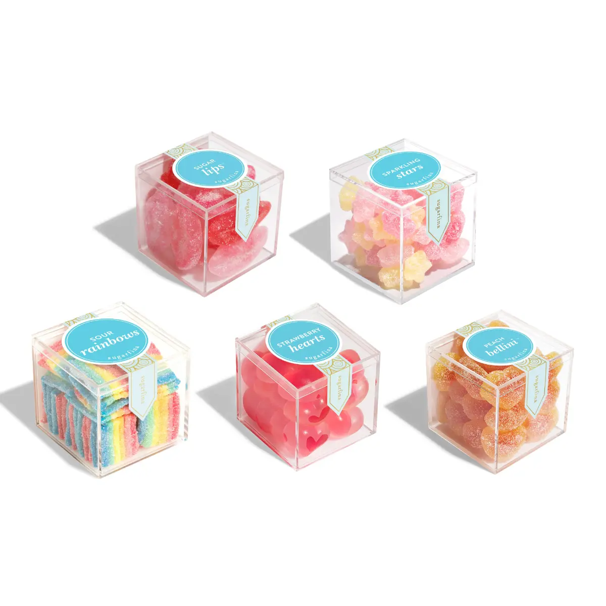 Bestsellers Small Candy Cube® Pack of 5 | Sugar Lips®, Sparkling Stars, Sour Rainbows, Strawberry Hearts, Peach Bellini®