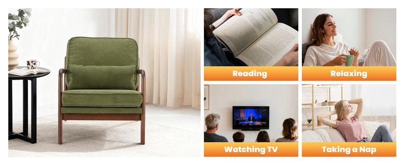 Mid Century Modern Chair, Accent Chair with Arms and Waist Cushion, Reading Chairs for Adults, Lounge Chair for Living Room and Bedroom, Solid Wooden Frame