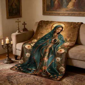 Vintage Our Lady of Guadalupe with Roses Flannel Blanket Soft Cozy Plush Throw Perfect Religious Gift for Catholics Devotees Warm Snuggle Blanket for Living Room Prayer Space Elegant Sacred Art Design