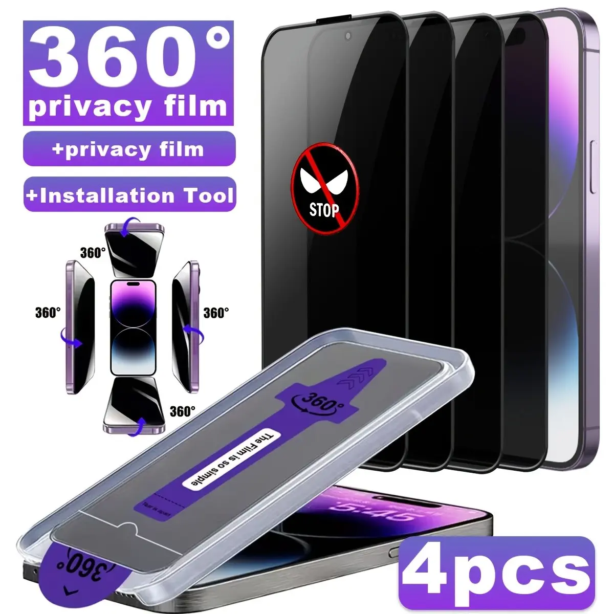4-Pack 360° Anti-Spy Tempered Glass Screen Protector, Fingerprints & Dust Resistant, Easy Install, Compatible with iPhone 17-11 Pro Max、Pro、plus, Accessories, Protection