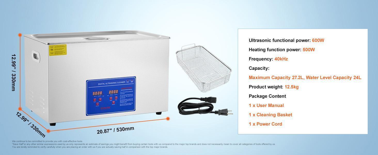 VEVOR Professional Ultrasonic Cleaner, Max. 30L Ultrasonic Jewelry Cleaner with Digital Timer & Heater, Stainless Steel Industrial Sonic Cleaner 40kHz for Glasses, Watches, Rings, Small Parts