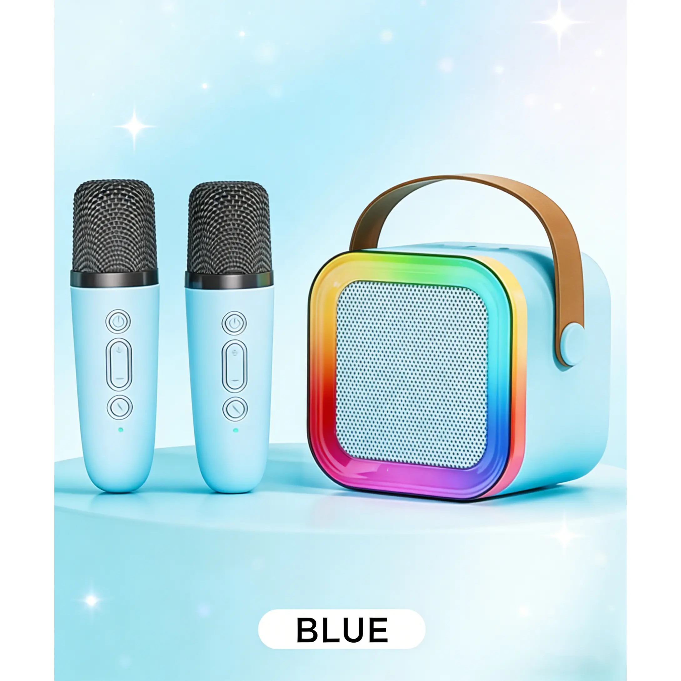Portable Mini Multifunction Karaoke Machine (3.9x3.9x3.5 in) - Rechargeable, Compact Design, 2 Wireless Microphones, iPhone-Compatible Mic, Colorful RGB Lights, High Volume Stereo Effect, Ideal for Adults' Home Parties, Birthdays (Blue), Valentine's Day