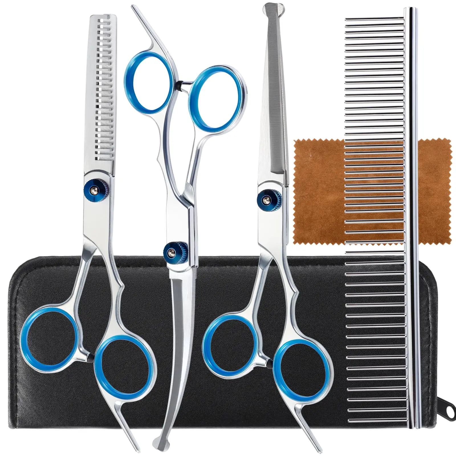 5 in 1Premium Dog Grooming Scissors, Professional Dog Scissors for Grooming with Safety Round Tips, Stainless Steel Thinning Shears, Pet Cat Shears for Grooming Kit