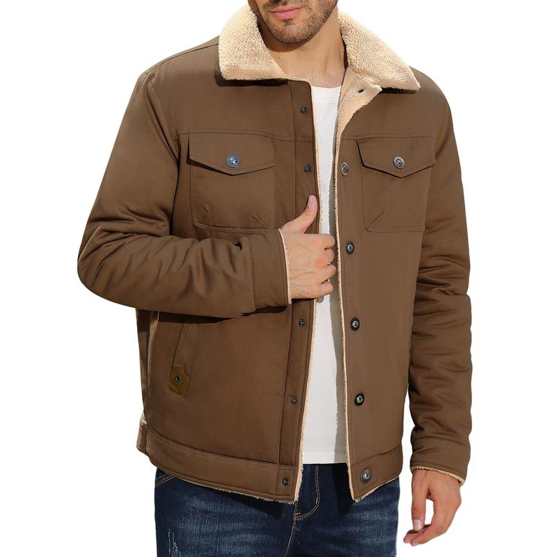 Men's Winter Jacket Sherpa Lined Jacket Warm Trucker Coat Multi Pocket Casual Collared Menswear Tops Cotton Fleece Long Sleeve FallFreshness Khaki Beige Jacket Outdoorfun