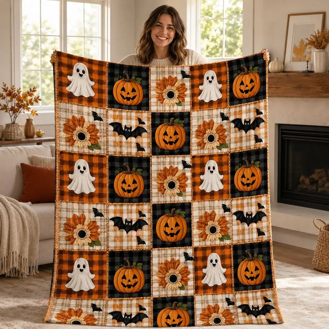1Pc Retro Plaid Halloween Pumpkin Ghost Bat Sunflower Fleece Blanket Heat Transfer Printed Patchwork Grid No Sewn Stitching American Vintage Style Soft Multi-use Throw Blanket For Sofa Bed Office Camping Perfect Halloween Fall Gift