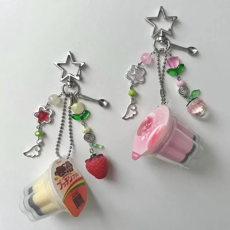 Japanese Pudding Keychain, Pink Yellow Egg Flan Charm, Y2K Heisei Retro Aesthetic Beaded Accessory fathersdaygiftideas