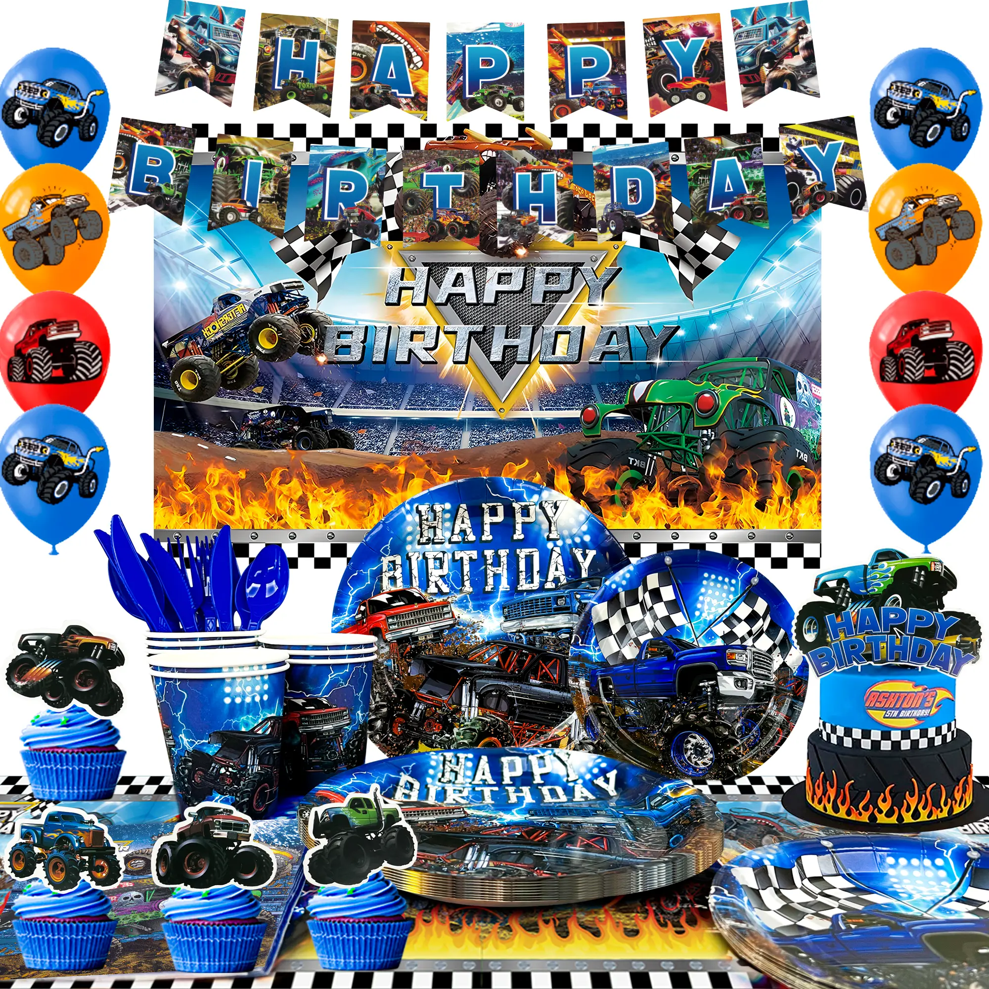 Monster Truck Birthday Party Supplies,112 pcs Monster Truck Birthday Decorations & Tableware Kit - Monster Truck Plates and Napkins Banner Backdrop etc Monster Truck Decorations for Birthday Party