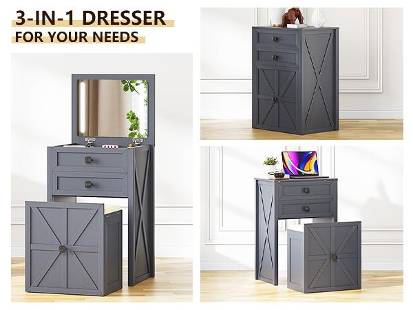 Miu Farmhouse 3 in 1 Vanity , 3-Color Adjustable Lighting, Cushioned Stool for Bedroom Organization LED Bedside Table with Drawers Dimmable Mirror Miu Farmhouse 3 in 1 Vanity , 3-Color Adjustable Lighting, Cushioned Stool for Bedroom Organization LED Bedside Table with Drawers Dimmable Mirror